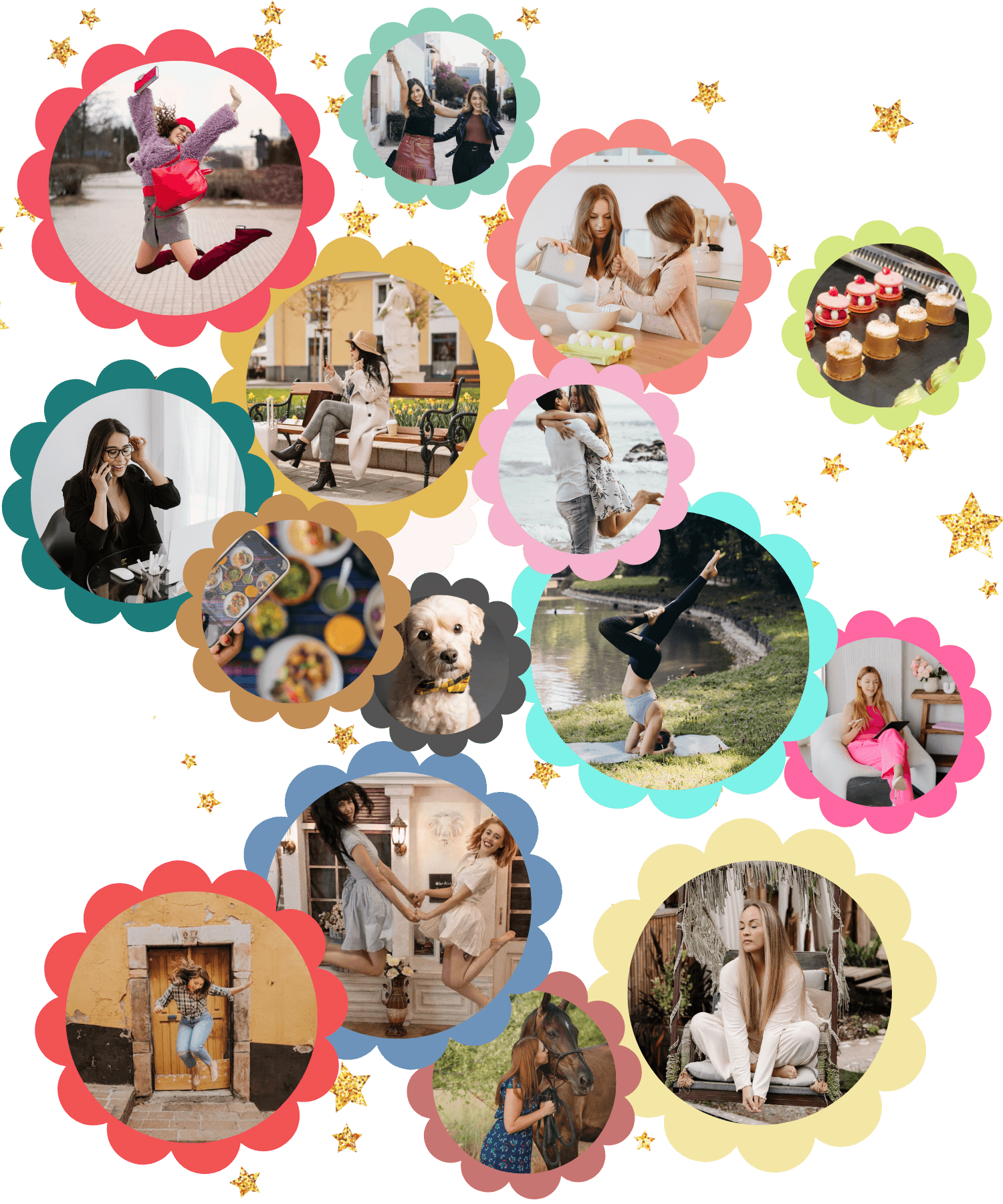 People in circles with colorful flower outlines