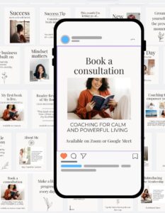 Calm Success (Off-white) Canva Instagram Social Media Templates with one phone and a sample template