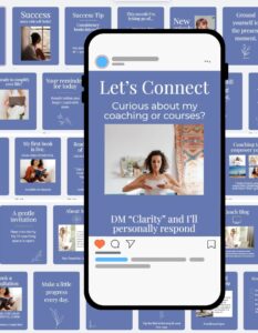 Calm Success (Blue) Canva Instagram Social Media Templates with one phone and a sample template