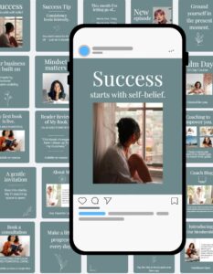 Calm Success (Green) Canva Instagram Social Media Templates with one phone and a sample template