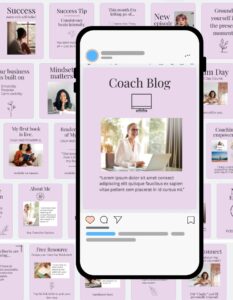 Calm Success (Lavender) Canva Instagram Social Media Templates with one phone and a sample template