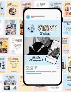 Creative Expression (blue) Canva Instagram Social Media Templates with one phone and a sample template