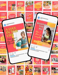 Glow Up (bright coral) Canva Instagram Social Media Templates with one phone and a sample template