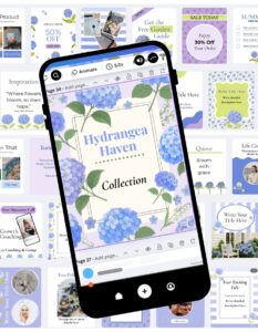 Hydrangea Haven Canva Instagram Social Media Templates with one phone and a sample template