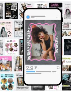 Influence Vibes Canva Instagram Social Media Templates with one phone and a sample template