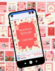 Strawberry Shortcake Canva Instagram Social Media Templates with one phone and a sample template