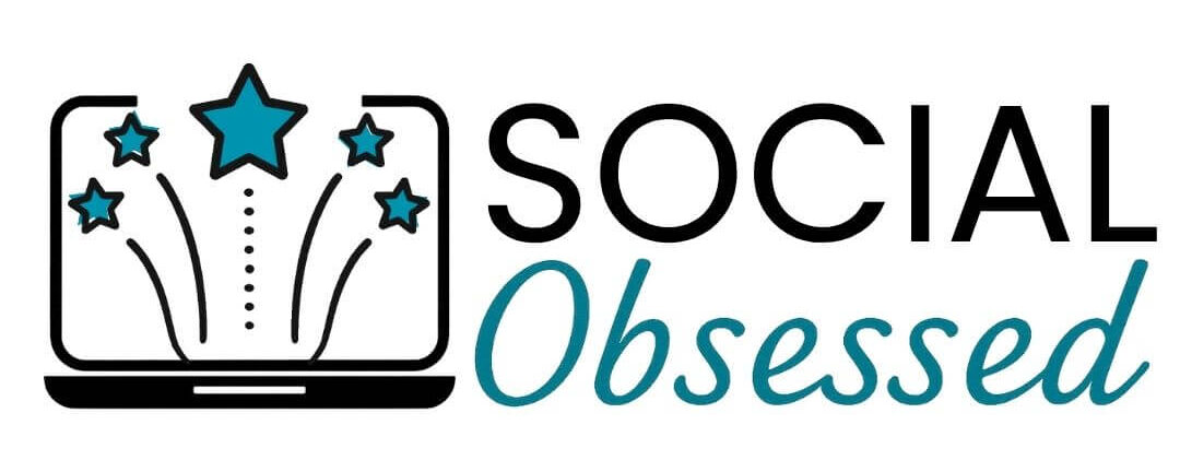 Social Obsessed Logo Computer Laptop with shooting stars and type Social Obsessed on side